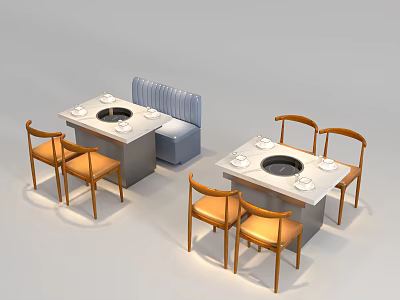 Modern Wooden Public Chairs and Blue Booth Seating in Restaurant with White Tables 3d model