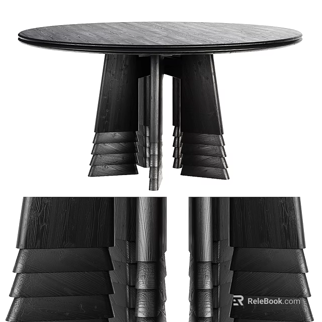 Modern Black Dining Table with Unique Layered Geometric Leg Support in Contemporary Minimalist Style 3d model 