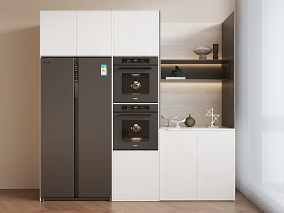 Modern Kitchen Cabinets With White And Dark Design And Built In Ovens Refrigerator 3d model