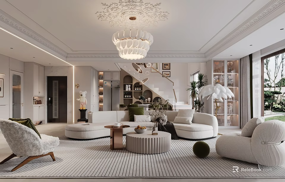 Elegant Living Room Interior With Curved Sofa Round Coffee Tables Striped Rug And White Chandelier 3d model 