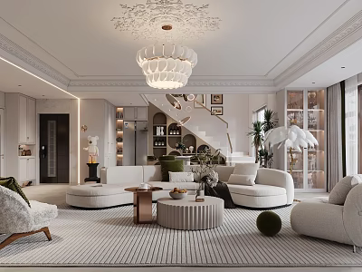 Elegant Living Room Interior With Curved Sofa Round Coffee Tables Striped Rug And White Chandelier 3d model