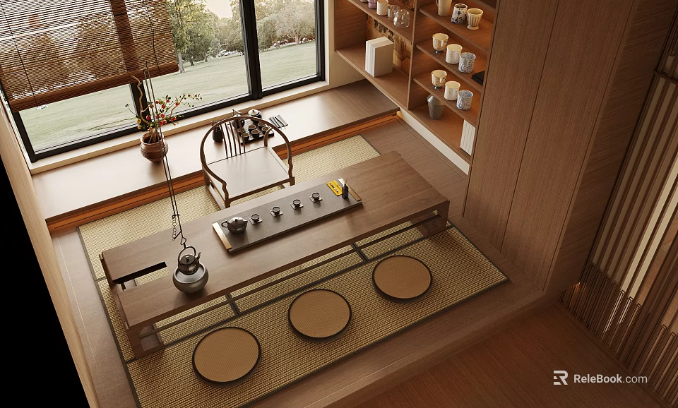 Japanese Style Tea Room Featuring Wooden Table Tatami Mats Window Green View And Tea Set 3d model 