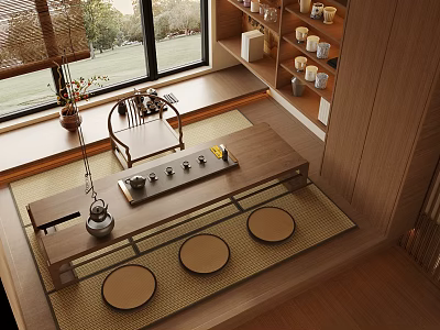 Japanese Style Tea Room Featuring Wooden Table Tatami Mats Window Green View And Tea Set 3d model