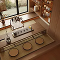 Japanese Style Tea Room Featuring Wooden Table Tatami Mats Window Green View And Tea Set