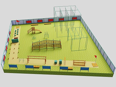 Colorful Children's Playground Design With Climbing Frames Slides Swings Benches Green Flooring And Safety Fencing 3d model