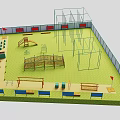 Colorful Children's Playground Design With Climbing Frames Slides Swings Benches Green Flooring And Safety Fencing