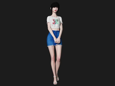 Woman in White T-shirt and Blue Denim Skirt Standing Against Black Background 3d model
