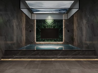 Luxurious Indoor Pool Area Design With Dark Marble Walls Green Plant Wall And TV Screen 3d model