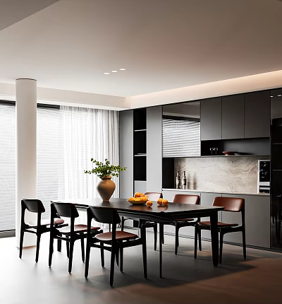 Modern Restaurant Interior with Black Dining Table Chairs Vase Fruits Gray Cabinets Windows Marble Backsplash 3d model