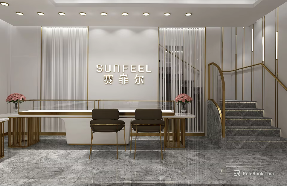 Sunfeel Modern Jewelry Store Elegant Interior Design With Reception Desk And Stairs 3d model 