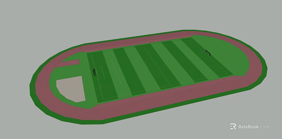 Athletic Field Layout With Red Running Track Green Football Pitch And Sandpit 3d model 