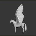 Mythical White Pegasus With Large Feathered Wings On Dark Reflective Surface 3d model