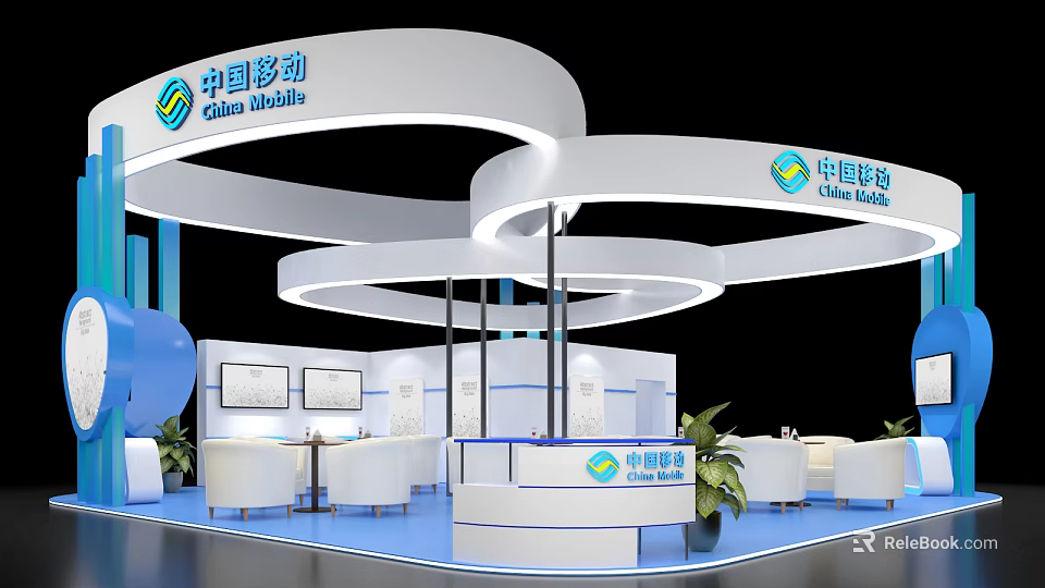 China Mobile Modern Exhibition Booth with Curved Structures and Display Screens 3d model 