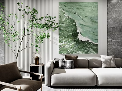 Modern Living Room Interior With Sofa Green Plant And Abstract Wall Art 3d model
