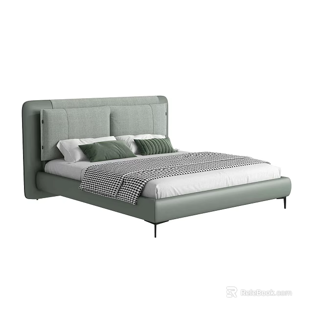 Modern Upholstered Double Bed With Soft Headboard White Sheets And Checkered Blanket 3d model