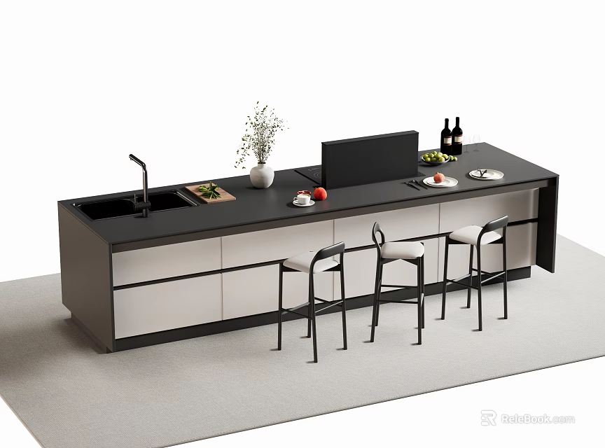Sleek Modern Bar Counter With Black White Design Bar Stools Vase Fruits And Wine Bottles 3d model 