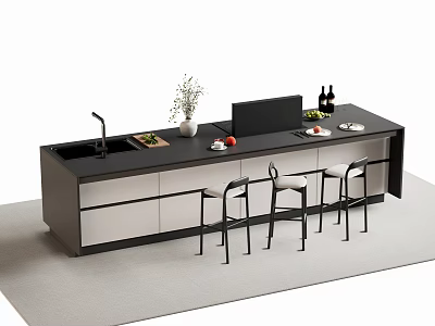 Sleek Modern Bar Counter With Black White Design Bar Stools Vase Fruits And Wine Bottles 3d model