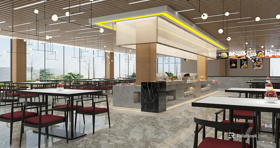 Modern Restaurant Interior With Open Layout Red Chairs Marble Countertop And Large Windows 3d model 