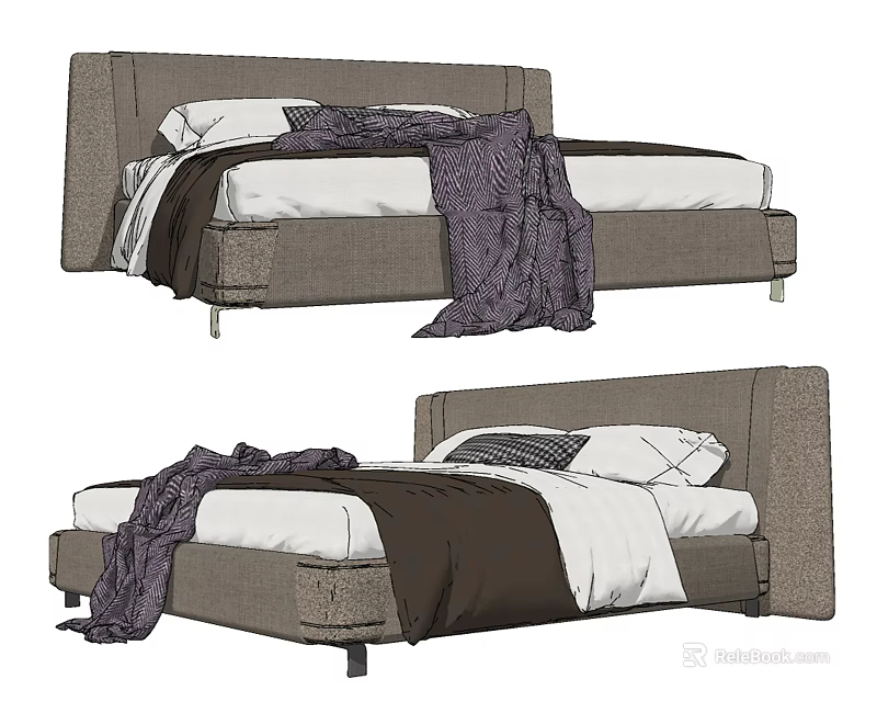 Modern Gray Double Bed With Upholstered Headboard Soft Blanket And Pillows 3d model
