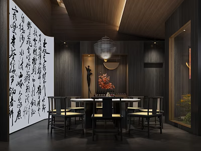 Chinese Style Private Dining Box With Wooden Decor Calligraphy Wall Chandelier Round Table And Chairs 3d model