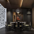 Chinese Style Private Dining Box With Wooden Decor Calligraphy Wall Chandelier Round Table And Chairs