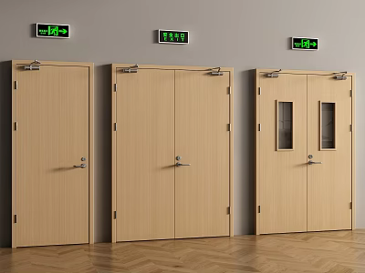Light Wood Interior Double Doors With Glass Panels And Safety Exit Signs Above 3d model