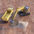 Yellow Construction Utility Vehicles Excavator And Truck Loading Materials At Urban Site