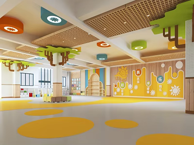 Bright Kindergarten Interior With Colorful Ceiling Decor Tree Shapes Yellow Walls And Round Floor Patterns 3d model