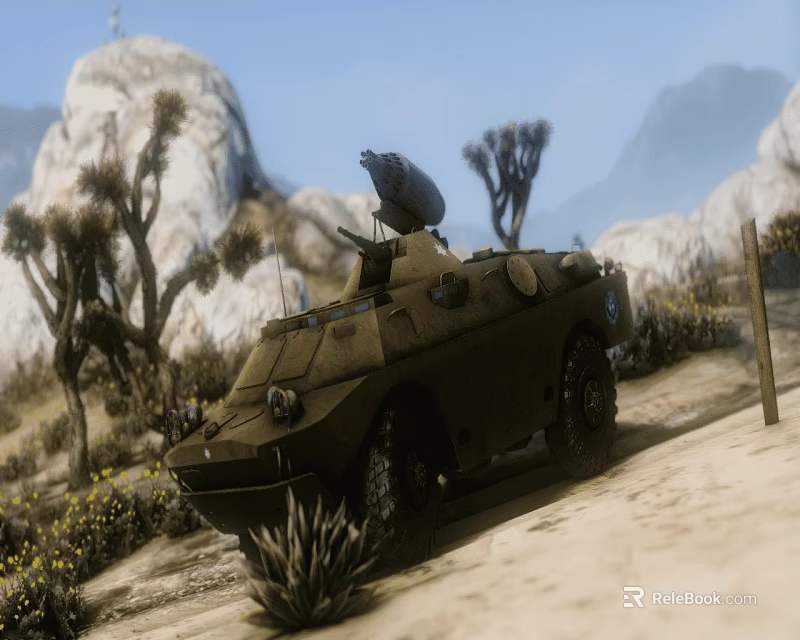 Military Tank In Desert Terrain With Rocky Landscape And Mountain Background 3d model 