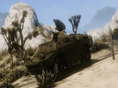 Military Tank In Desert Terrain With Rocky Landscape And Mountain Background 3d model