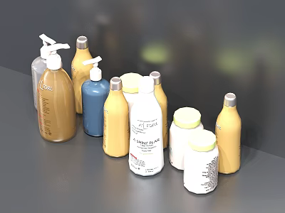 Colorful Bathroom Accessories With Various Shaped Bottles For Personal Care 3d model