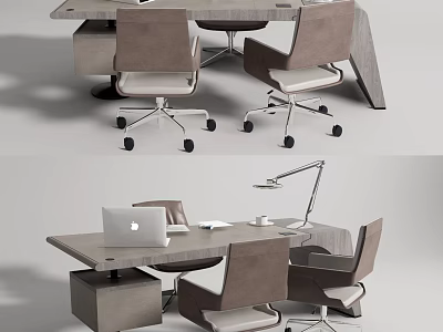 Modern Office Desk With Ergonomic Chairs Laptop And Desk Lamp For Productive Workspace 3d model