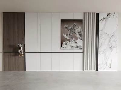 Modern Luxury Background Wall With Wooden White Panels Marble Texture Vertical Stripes And Decorative Painting 3d model