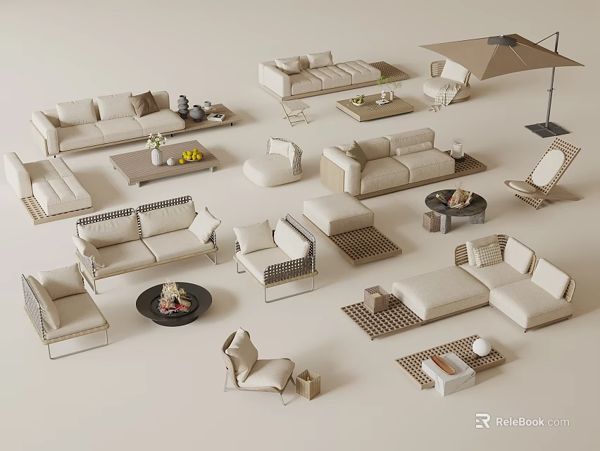 Comfortable Modern Outdoor Sofa Set With Rattan Coffee Table And Chairs 3d model