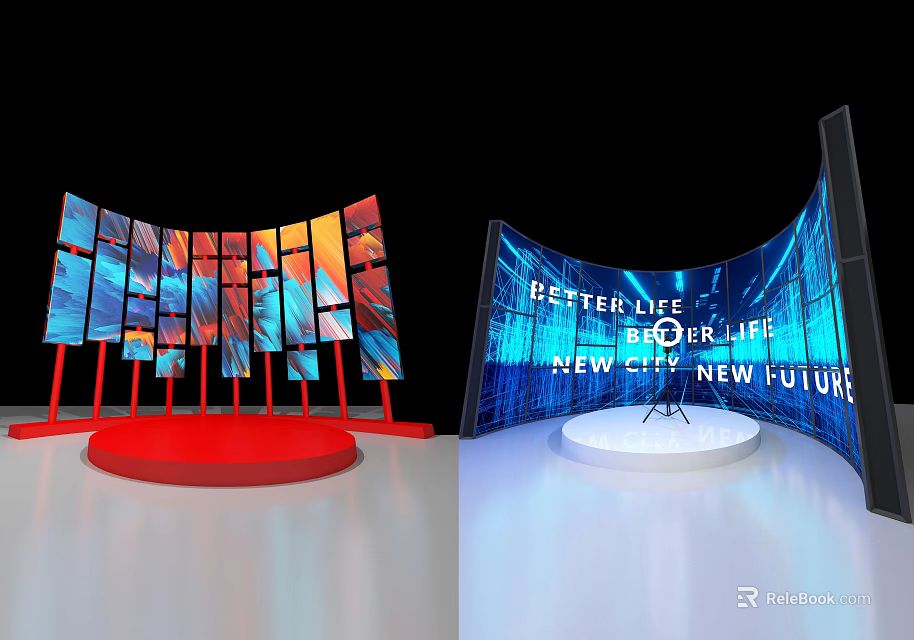 Modern Stage Design With Red White Circular Bases And Colorful Blue Screens 3d model 