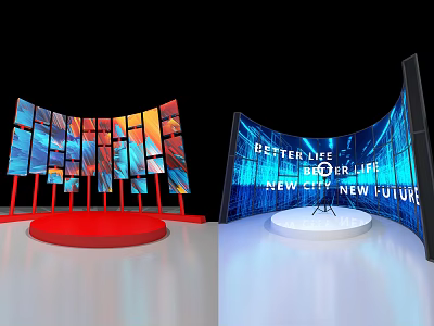 Modern Stage Design With Red White Circular Bases And Colorful Blue Screens 3d model