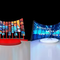 Modern Stage Design With Red White Circular Bases And Colorful Blue Screens