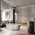Modern Bathroom Interior With Freestanding Bathtub Large Mirror Gray Curtain And Wooden Stool