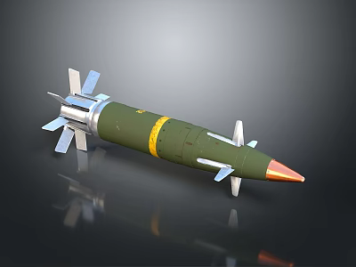 Military Weapon Green Missile With Yellow Stripe Red Tip And Stabilizing Fins 3d model