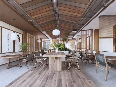 Traditional Teahouse Interior Design With Wooden Ceiling Tables Chairs Lamps And Green Plants 3d model