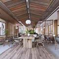 Traditional Teahouse Interior Design With Wooden Ceiling Tables Chairs Lamps And Green Plants