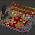 Medieval Tavern Interior With Wooden Tables Chairs Red Carpet Barrels And Stone Fireplace