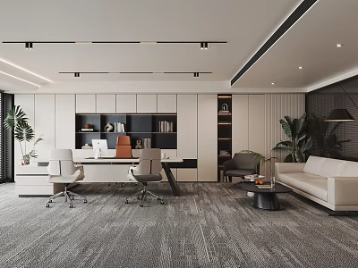 Modern Spacious Office Interior Design With Desk Chairs Sofa Bookshelves And Green Plants 3d model