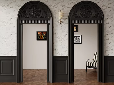 Classic Interior Design With Black Arched Doors Carved Details And Striped Armchair 3d model
