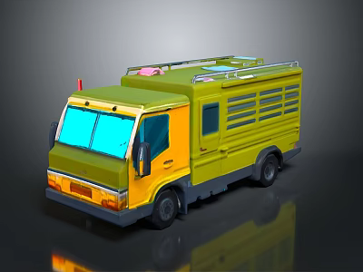 Yellow Toy Truck Model With Green Top Red Warning Light And Grille 3d model
