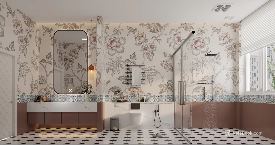 Elegant Bathroom Interior With Floral Wallpaper Round Mirror Vanity Shower Area And Tiled Floor 3d model 