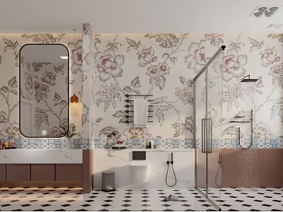 Elegant Bathroom Interior With Floral Wallpaper Round Mirror Vanity Shower Area And Tiled Floor 3d model