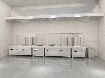Commercial Kitchen Featuring Stainless Steel Stoves Large Range Hood Gray Tiled Floor And Light Walls 3d model