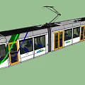 Modern Electric Tram With Colorful Green Orange Stripes And Large Passenger Windows