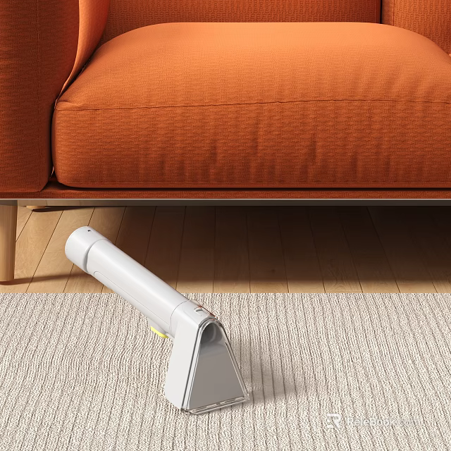 Vacuum Cleaner Cleaning Light Colored Carpet Near Orange Sofa On Wooden Floor 3d model 